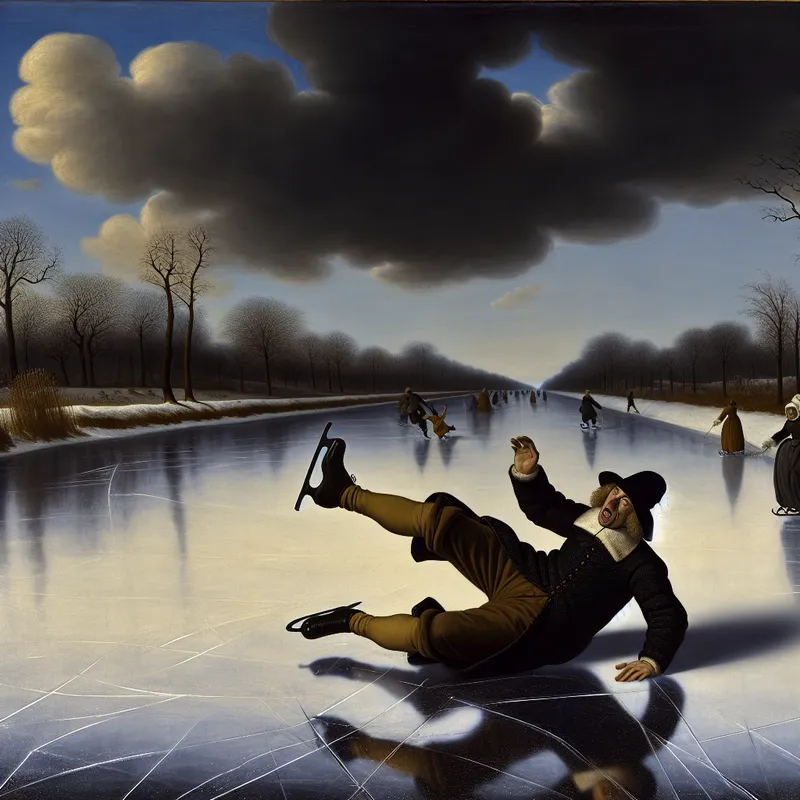 17e-eeuws Nederlands winterlandschap met man die uitglijdt op bevroren kanaal, in stijl van Jacob van Ruisdael