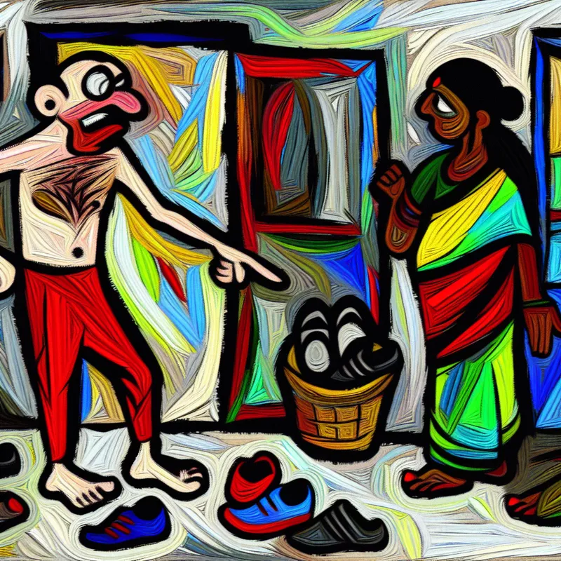 Abstracte illustratie van een persoon die wijst naar uitgedane schoenen bij de deur om een regel uit te leggen, in expressieve stijl met felle kleuren