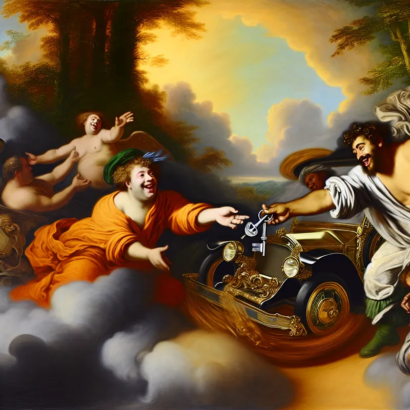 Barokke scène van een glimlachende man die de sleutels van een luxe auto overhandigt aan een andere man, symbool voor uitlenen