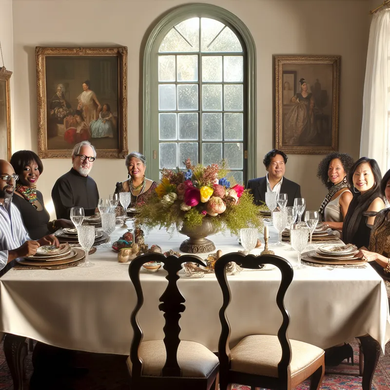 Een diverse groep mensen verzameld rond een elegant gedekte tafel in een warme eetkamer.