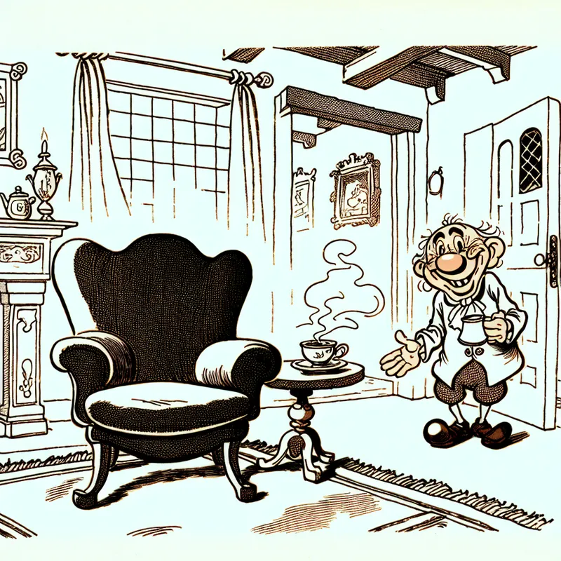 Cartoonachtig sfeervolle woonkamer met uitnodigende fauteuil in de stijl van Marten Toonder