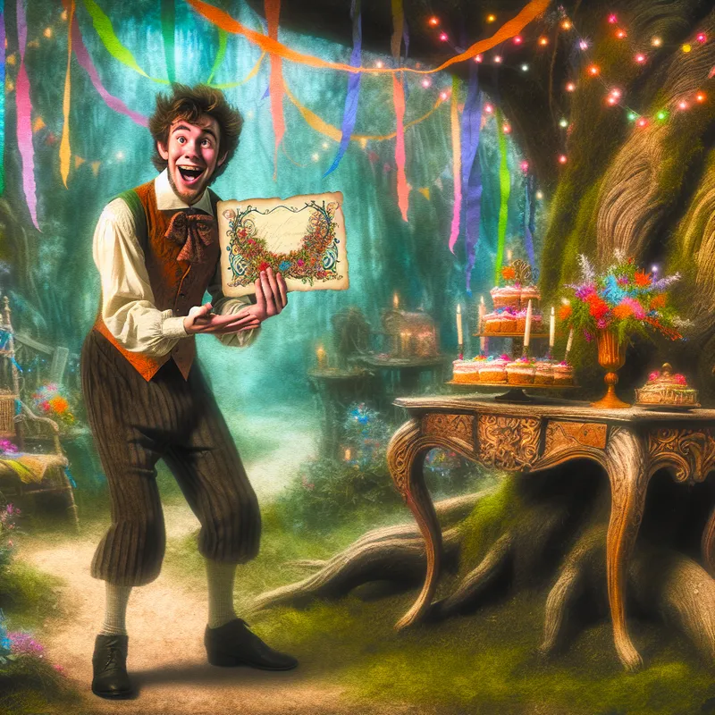 Jonge man neemt een uitnodiging aan voor een feestelijke viering in een vintage tuin.