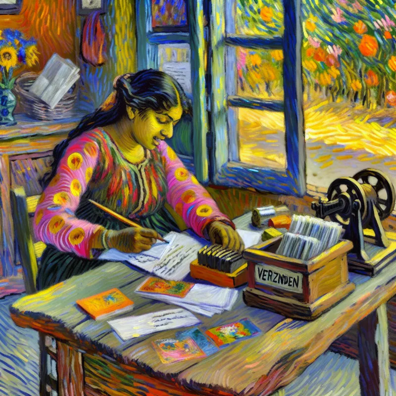 Een persoon schrijft uitnodigingen op kleurrijke papierwaren aan een rustiek houten bureau, met een zonovergoten landschap op de achtergrond.