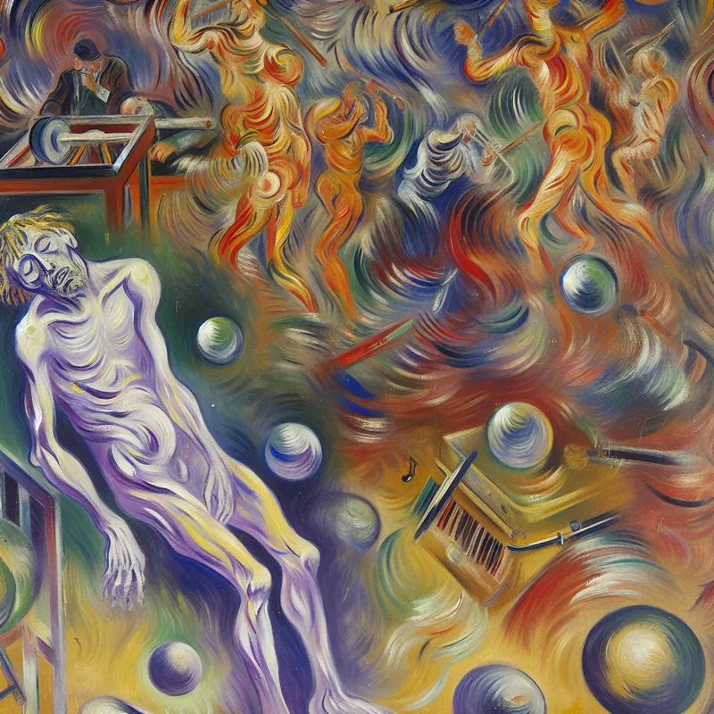 Abstract expressionist schilderij van een uitgeputte persoon omgeven door chaotische kleuren, die de effecten van een nachtfeesten symboliseren.