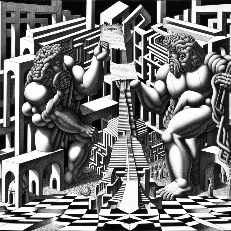Surrealistische voorstelling van twee abstracte figuren die oorlog uitroepen op een geometrisch schaakbordlandschap in de stijl van M.C. Escher, met oneindige trappen en optische illusies