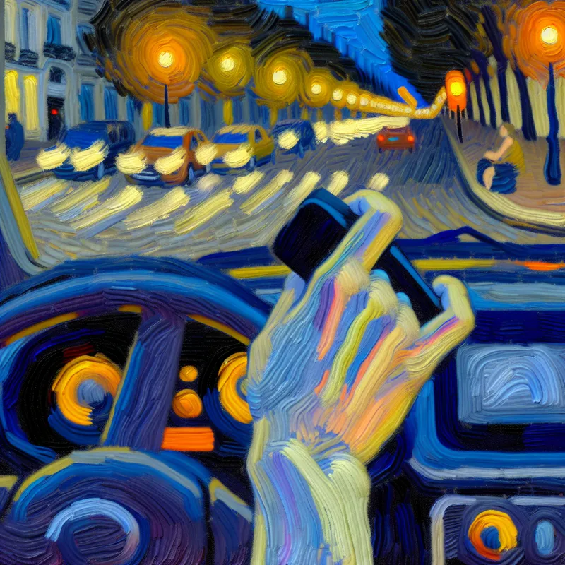 Hand die een autosleutel omdraait om de motor uit te schakelen bij een stoplicht, geschilderd in Van Gogh-stijl met dikke penseelstreken en levendige kleuren