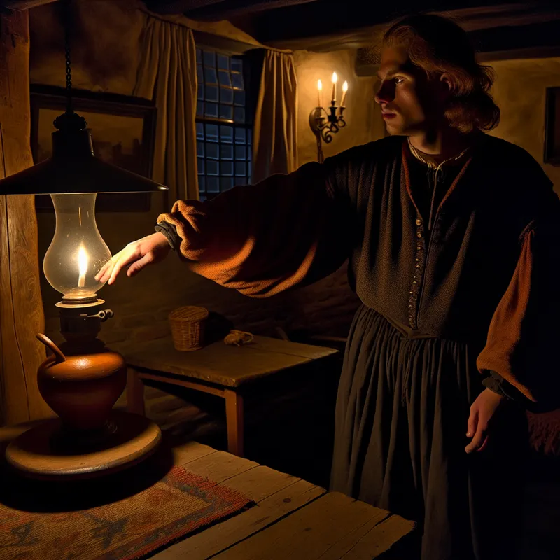 17e-eeuwse Nederlandse persoon die een olielamp uitschakelt in een sfeervol verlichte kamer, Rembrandt-stijl