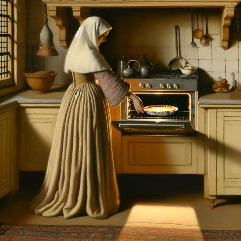 Persoon schakelt de oven uit na het bakken van een taart in een elegante keuken, ter illustratie van het woord 'uitschakelen'