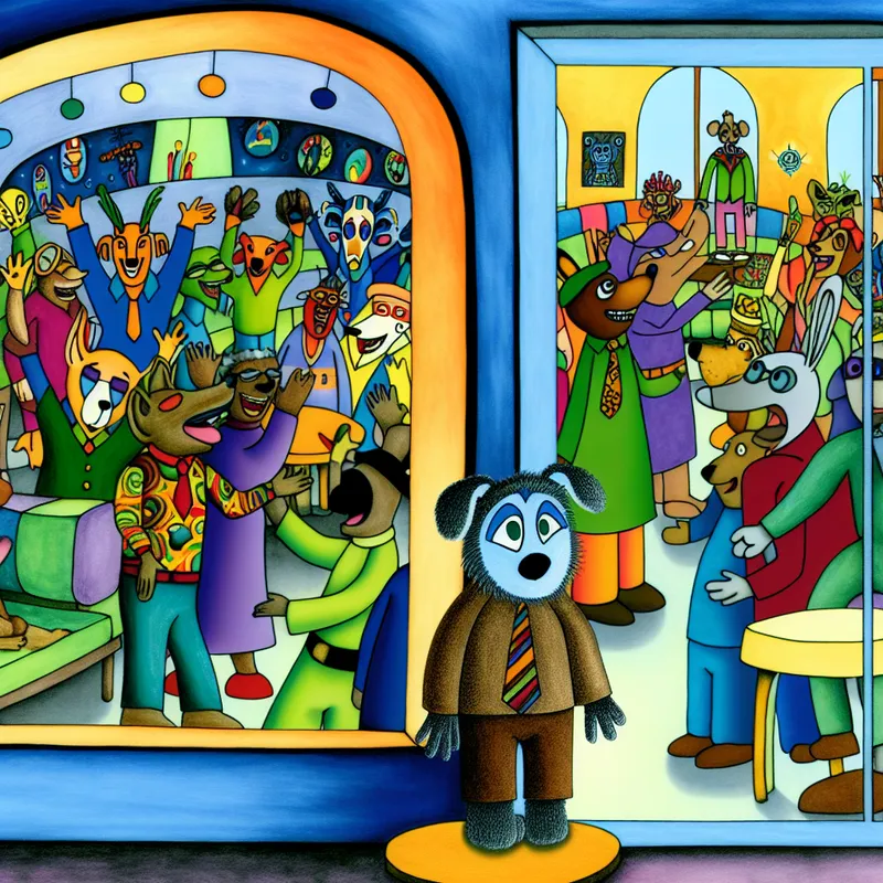 Kleine antropomorfe dierenfiguur kijkt verdrietig naar een gezellige clubhuisdeur met het bord 'Verboden toegang', terwijl een groep vrolijke dieren binnen plezier maakt