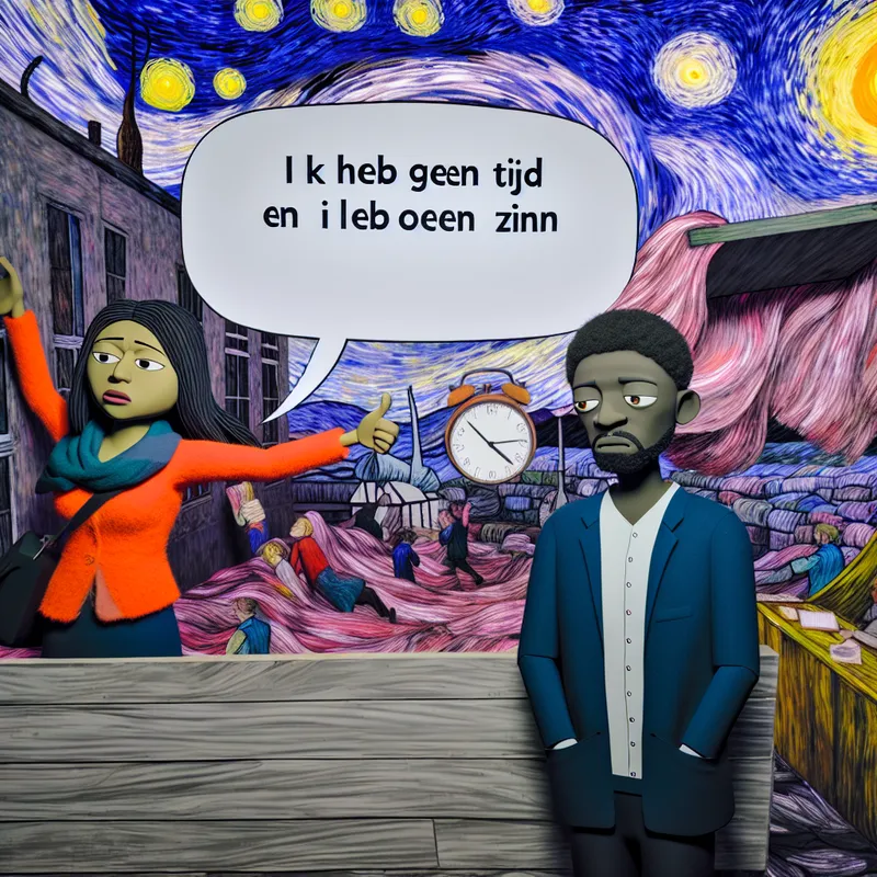 Twee mensen in een kleurrijke, dynamische omgeving, één persoon zegt 'Ik heb geen tijd' terwijl hij naar een drukke kalender wijst, de ander zegt 'en ik heb ook geen zin', met een gesloten armen gebaar.