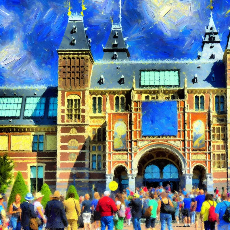 Levendige Van Gogh-achtige schildering van toeristen bij de ingang van het Rijksmuseum in Amsterdam tijdens een ontspannen uitstapje