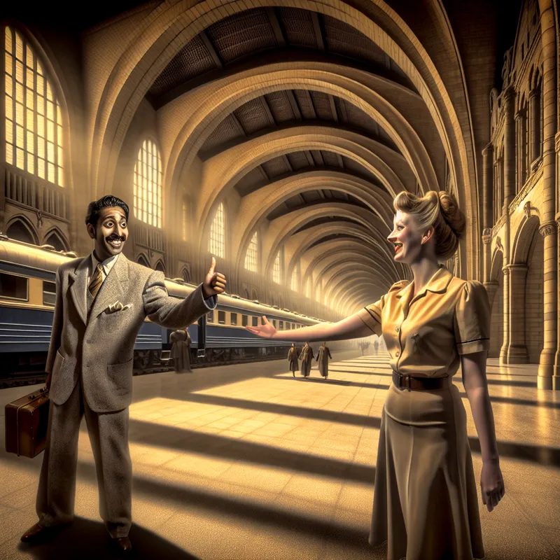 Twee mensen in een monumentaal treinstation uit de jaren 40 tonen enthousiaste instemming met een duim omhoog en een warme glimlach als reactie op een voorstel