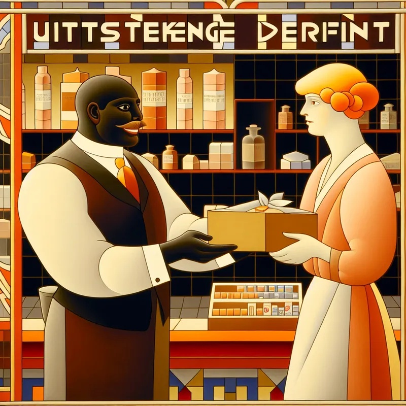 Retro-futuristische illustratie van een vriendelijke winkelier die een klant helpt met een netjes ingepakt pakket, met op de achtergrond een bord met 'Uitstekende Dienst'