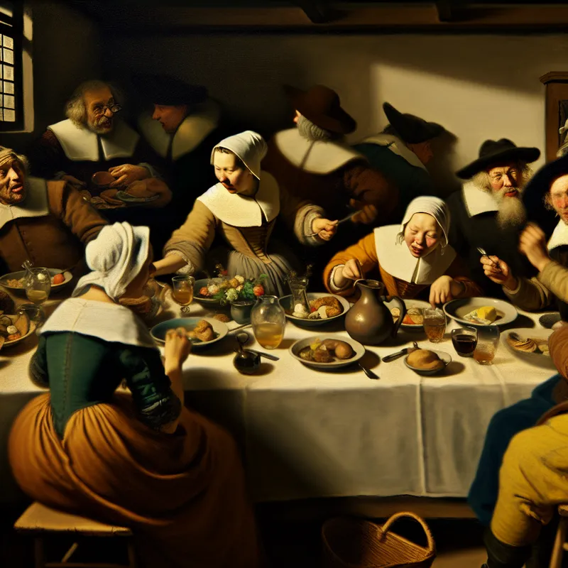 17e-eeuwse Nederlandse scène met groep mensen die wachten aan een gedekte tafel, uitstellend voor een laatkomer in de stijl van Frans Hals