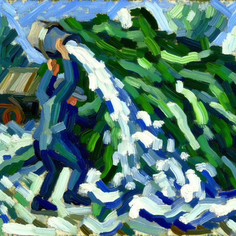 Abstract expressionistisch schilderij van een figuur die met kracht een emmer water uitstort over weelderige groene planten, dynamische beweging en spatten vastgelegd in dikke penseelstreken