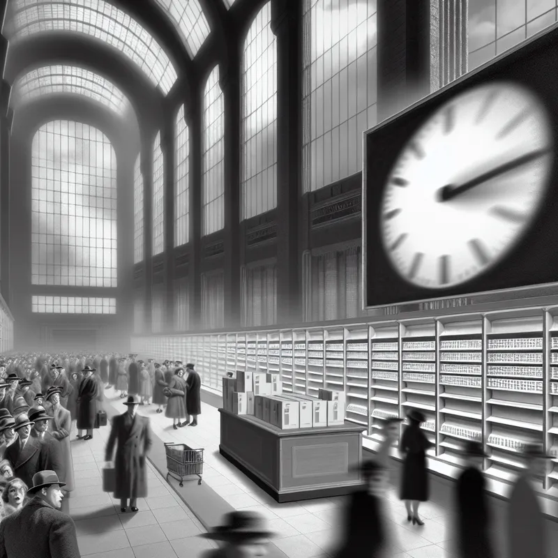 Hyperrealistisch surrealistisch tafereel van een drukke elektronicawinkel met een lange rij klanten en een bijna lege plank met het label 'Nieuwe Smartphones', slechts één doos blijft over