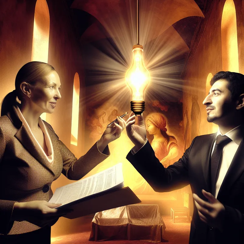 Twee zakenmensen in een sfeervol verlichte kamer bespreken de uitwisseling van ideeën terwijl de vrouw een document overhandigt aan de man, die een gloeilamp vasthoudt.
