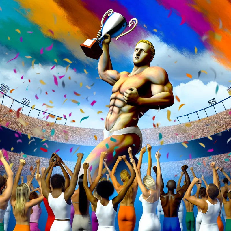 Een kolossale atleet met gespierde kenmerken houdt een trofee boven zijn hoofd terwijl hij in een feestelijke sportarena staat omringd door juichende fans.