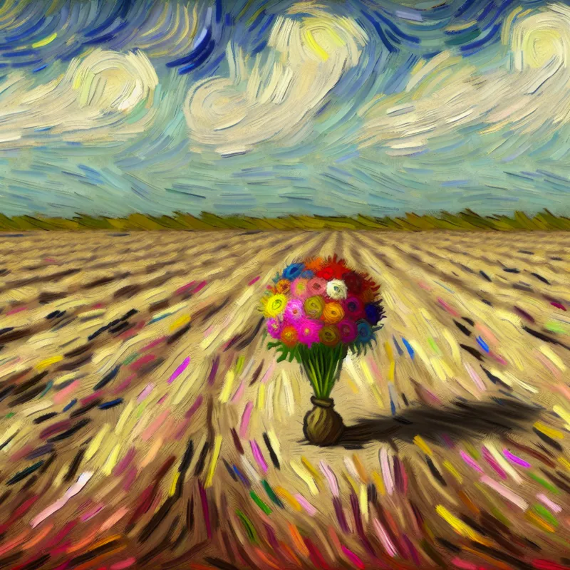 Een enkele, unieke bloem die bloeit in een uitgestrekt, kaal landschap, met een dramatische lucht op de achtergrond.