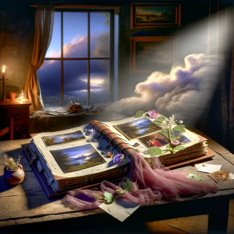 Handgemaakt fotoalbum met persoonlijke herinneringen op een rustieke houten tafel, omgeven door warme huiselijke sfeer en dramatische lucht