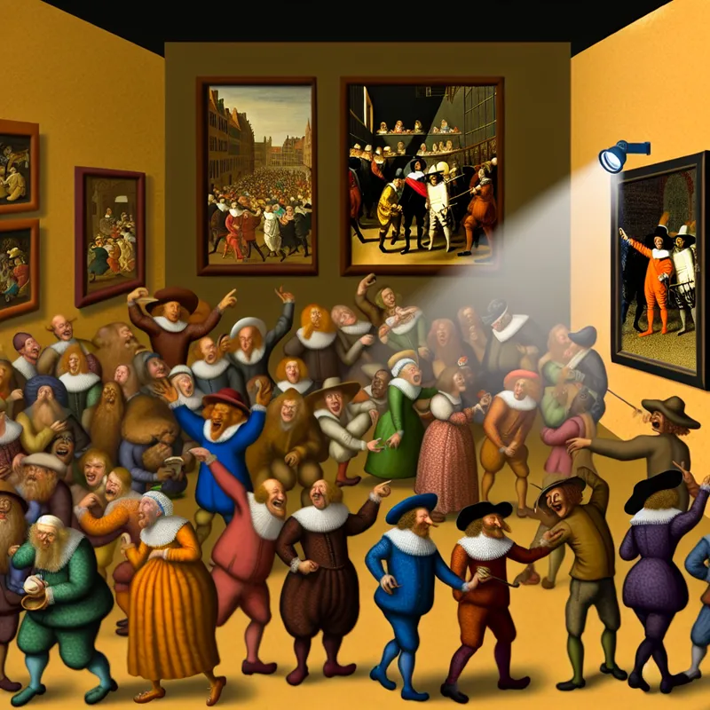 Een levendig en humoristisch tafereel in een drukke kunstgalerie met bezoekers die een uniek schilderij bewonderen.