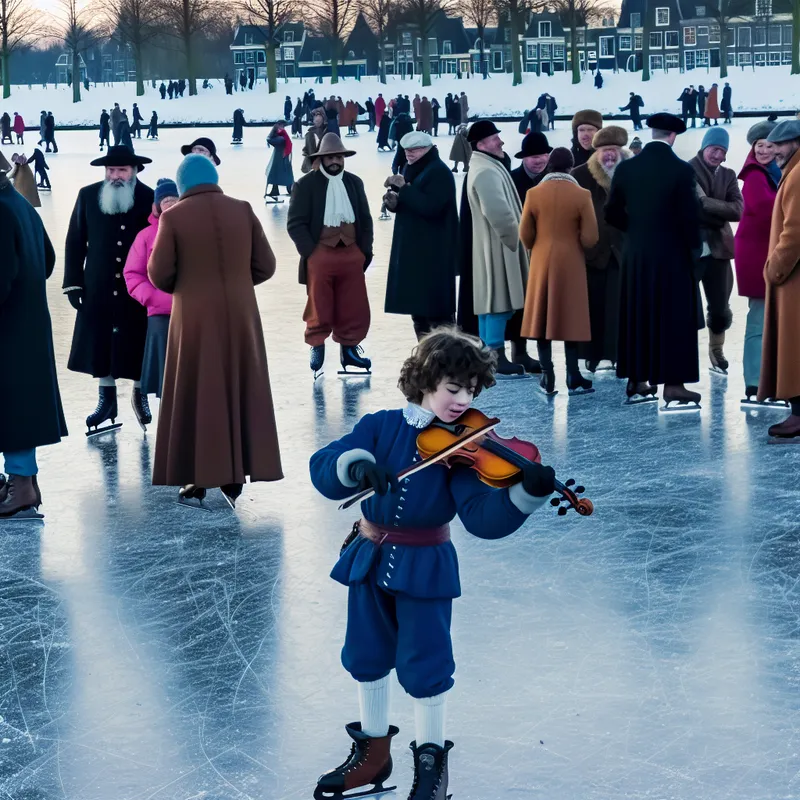 Kind speelt viool met uitzonderlijk talent op een bevroren kanaal tijdens een levendige winterbijeenkomst, omringd door bewonderende toeschouwers