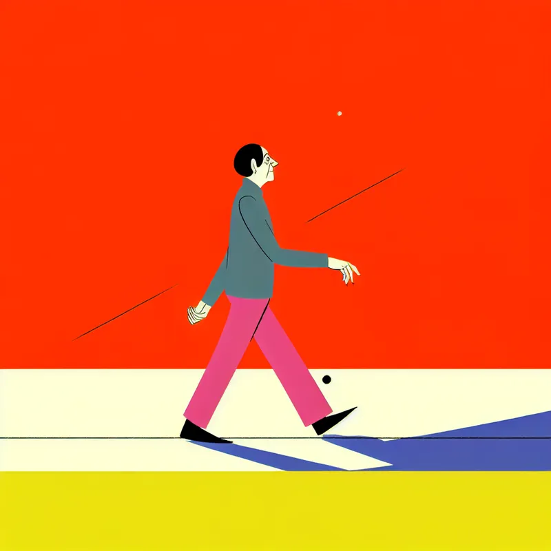 Minimalistische illustratie van een persoon met een unieke loop, weergegeven tegen een eenvoudige, gedurfde achtergrond.