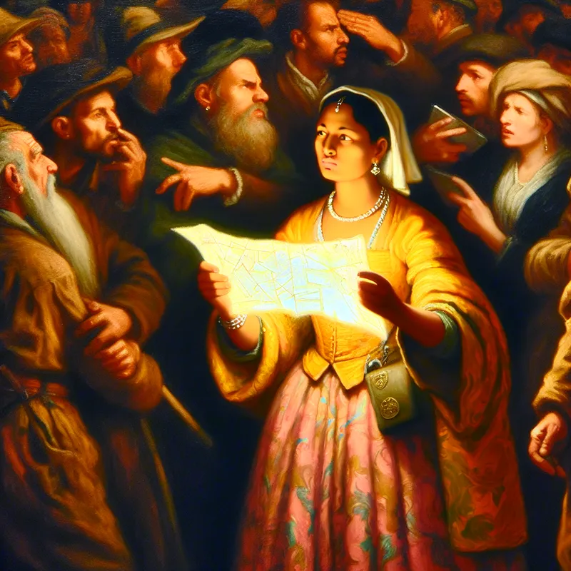 Vrouw met gloeiende kaart in drukke menigte, uniek en zelfverzekerd tussen zoekende mensen