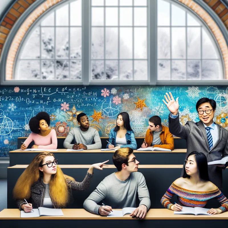 Illustratie van een levendige collegezaal met studenten die naar een docenten luisteren, omringd door winterse sneeuwlandschap.