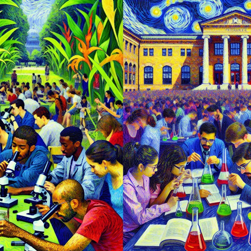 Vibrante university campus met studenten die verschillende wetenschappelijke activiteiten uitvoeren, waaronder biologie en chemie.