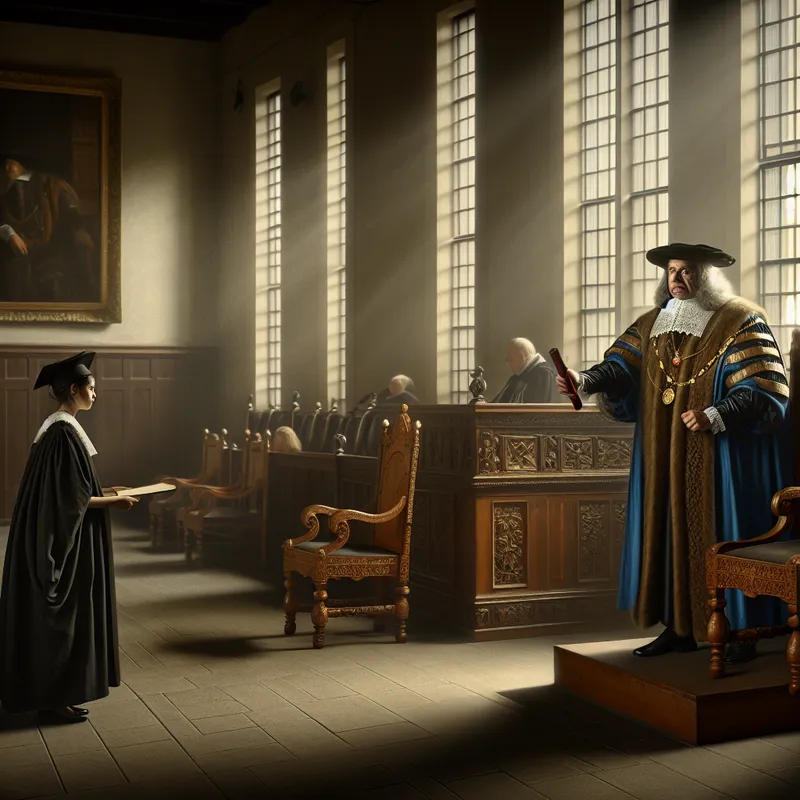 Universiteitspresident in academische toga reikt diploma uit aan student tijdens plechtige diploma-uitreiking in historische universiteitszaal