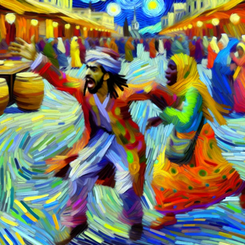 Een persoon in kleurrijke kleding haast zich in een drukke straat en gebaart naar een ander om onmiddellijk te volgen, uitgedrukt in een post-impressionistische stijl.