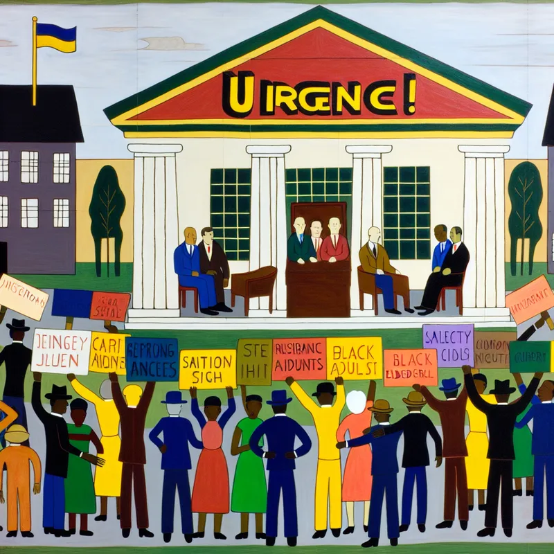 Een diverse groep bewoners rondom een overheidsgebouw met een groot bord "URGENCE!" in heldere kleuren, die urgentie van hun verzoek benadrukken.