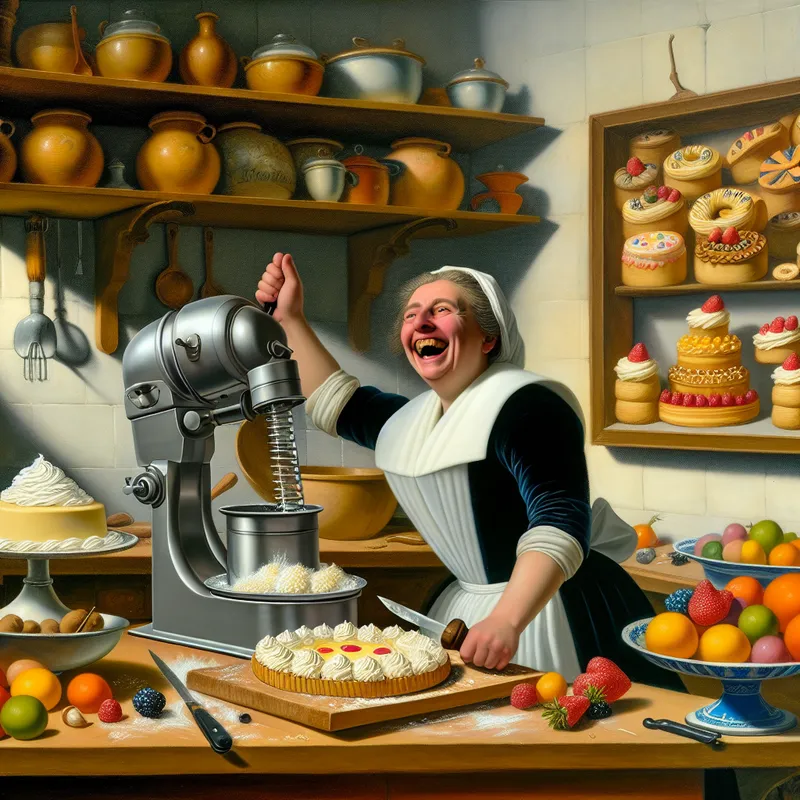 Een blije kok gebruikt de Ursel keuken gadget om prachtige desserts te maken in een levendige keuken.