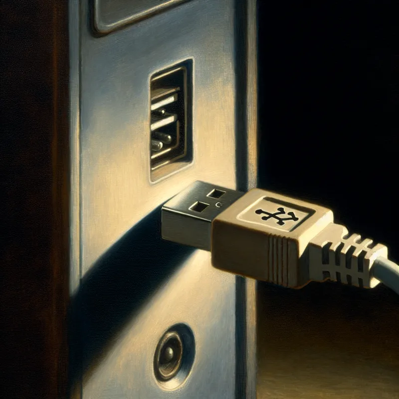 Digitale illustratie van een USB-kabel die wordt aangesloten op een vintage computer, met dramatische chiaroscuro-verlichting en warme aardetinten