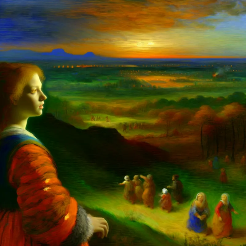 Een persoon staat op een heuveltop en kijkt naar een utopisch landschap met groene velden en spelende kinderen.