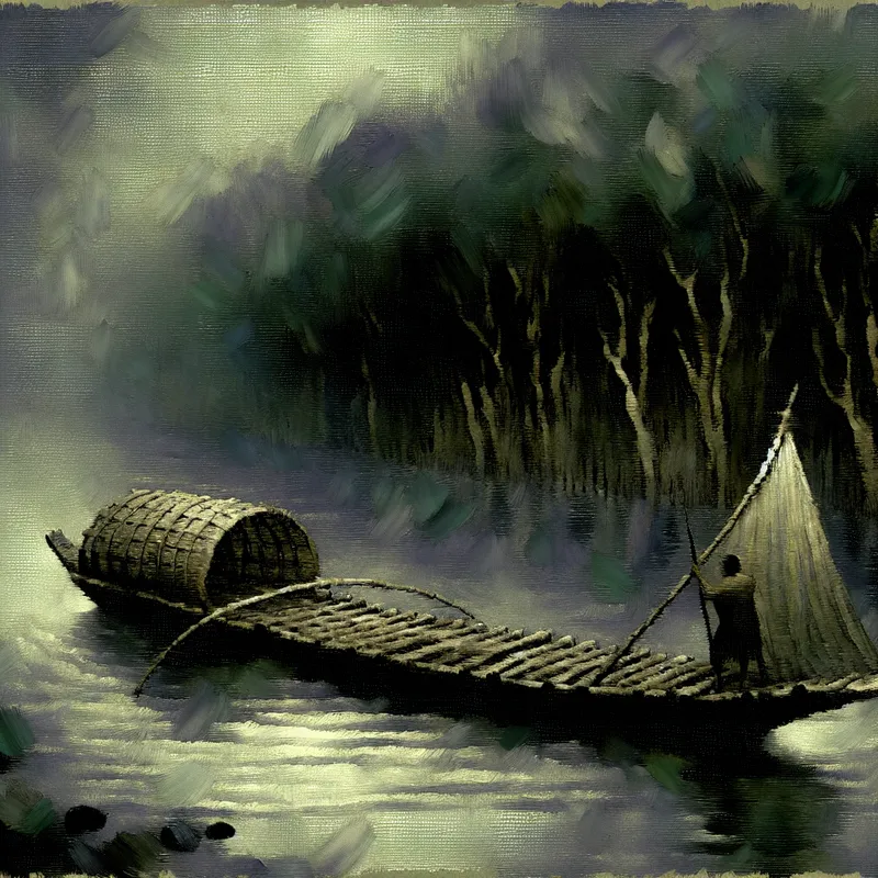 Een donkere, mysterieuze scène van een plat vissersvaartuig ('vaam') in een mistige rivier, met een visser die zijn netten uitstrekt.