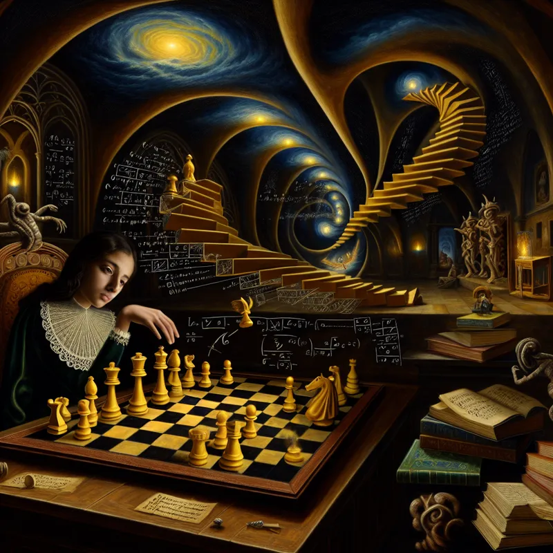 Surrealistisch schaakspel met een vaardige vrouw in een magische studeerkamer, symboliserend strategisch inzicht en meesterschap