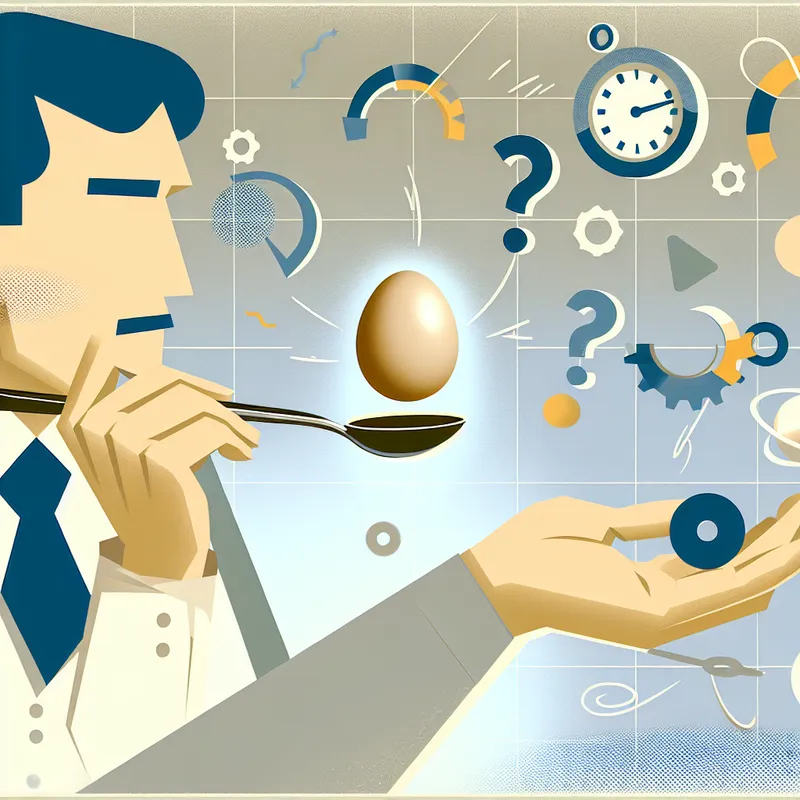Illustratie van een persoon die met precisie een rauw ei balanceert op een lepel, omringd door zwevende geometrische vormen zoals klokken en vraagtekens, symboliserend voor vaardigheid en beheersing van een ogenschijnlijk eenvoudige taak