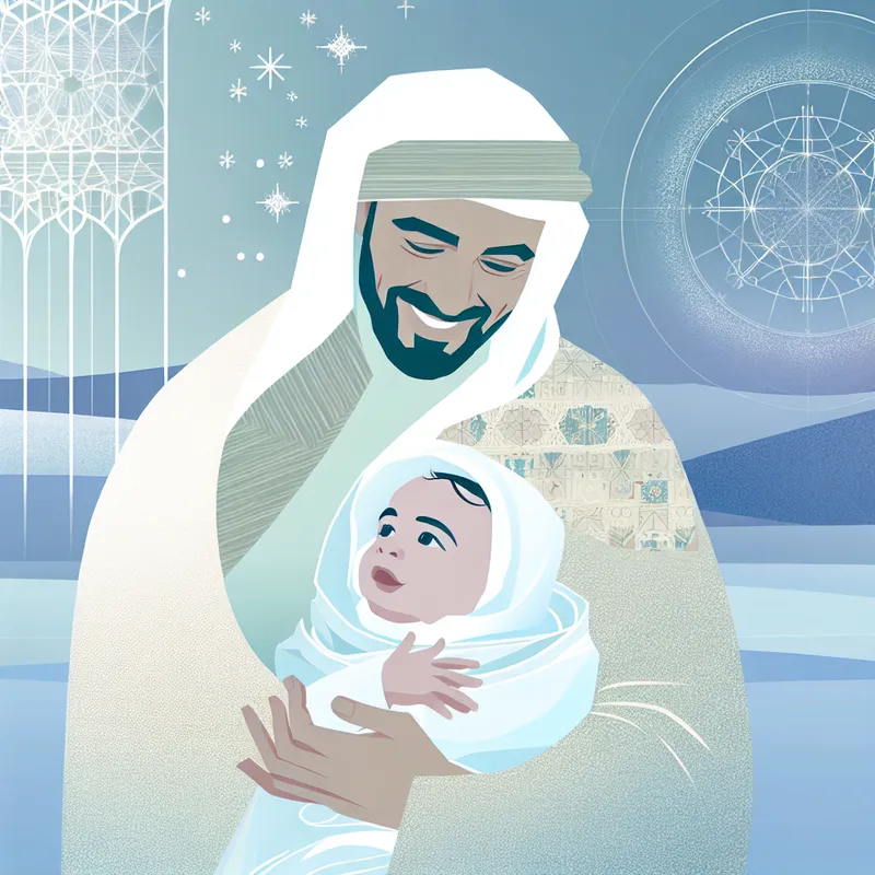 Vader houdt een baby dicht tegen zijn borst in een winterlandschap met vallende sneeuw