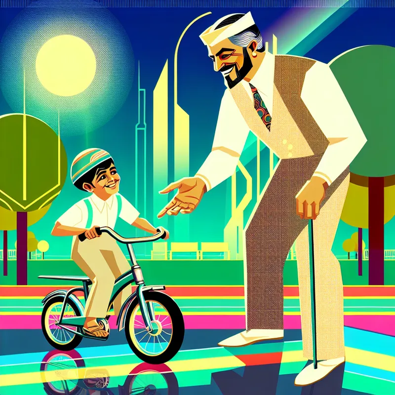 Vader en kind lachen terwijl ze samen fietsen in een kleurrijk retro-futuristisch park.