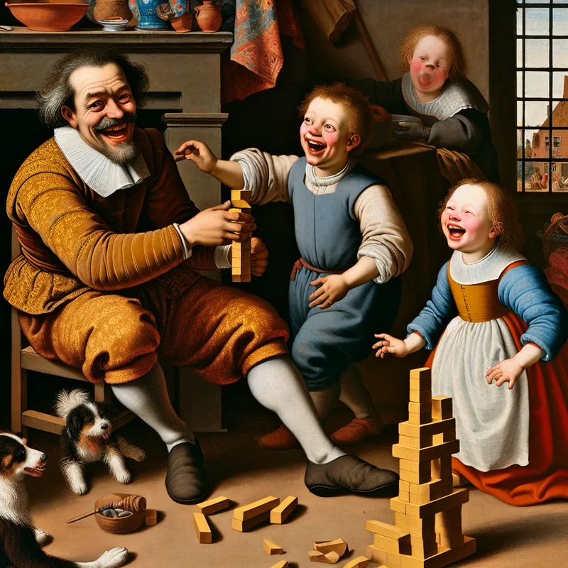 Een vader speelt met zijn kinderen en bouwt een toren van blokken in een gezellige woonkamer. De kinderen lachen terwijl ze proberen de blokken stapelen.