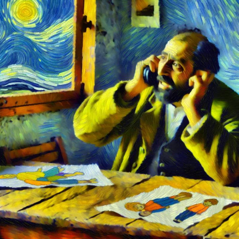 Een vader met een ernstijige uitstraling, zittend aan een houten tafel met kinderen tekeningen om hem heen, terwijl hij ernstig aan de telefoon praat.