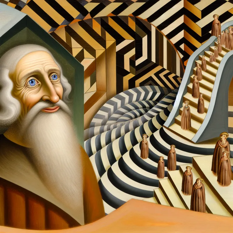 Een oudere man, als vaderfiguur, staat op een onmogelijke trap in een geometrisch landschap met optische illusies en herhalende patronen.