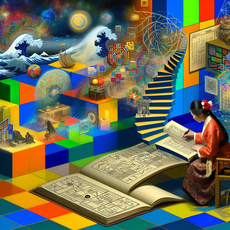 Een persoon die een vakantie plant met een gedetailleerde kaart en een kalender vol notities, omringd door surrealistische en geometrische elementen zoals een wenteltrap.