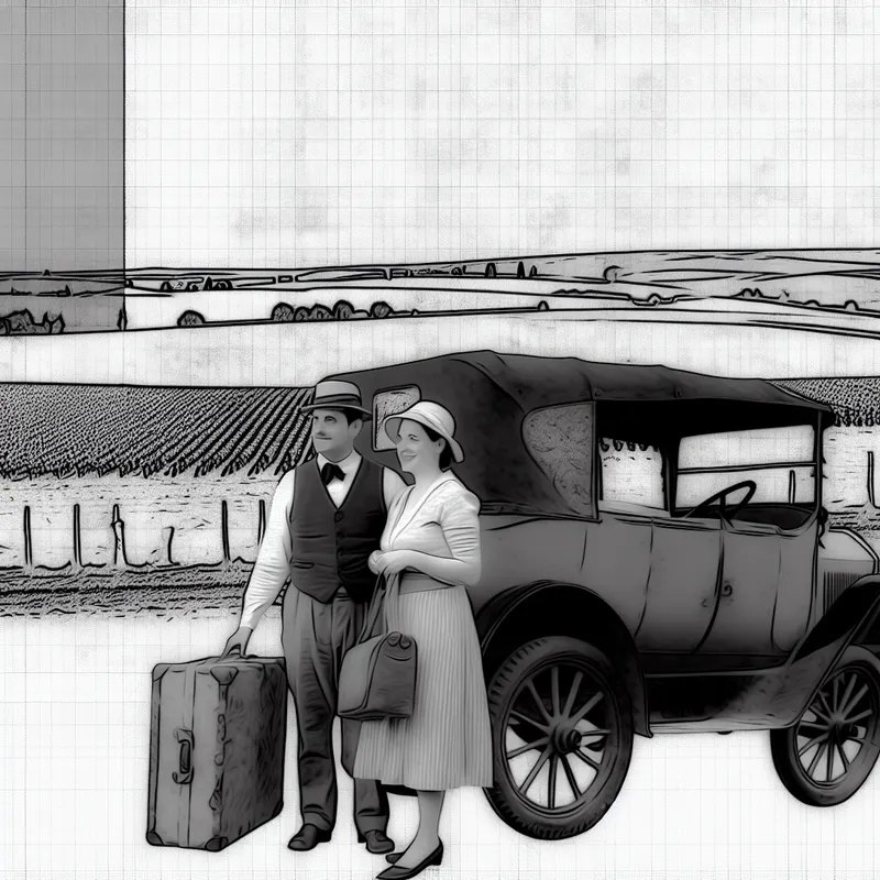 Illustratie van een vrouw en man die een vintage auto inpakken voor een vakantie naar Frankrijk