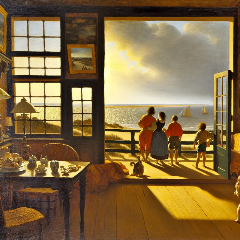 Gezellige vakantiewoning aan zee met familie op balkon genietend van uitzicht op de oceaan, Rembrandt-stijl schilderij