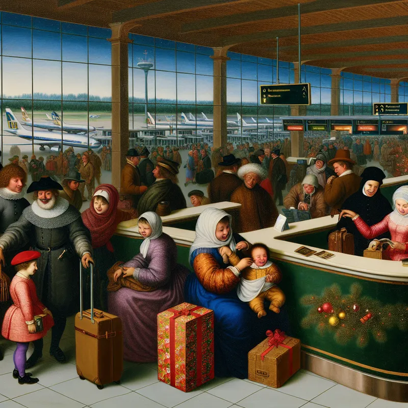 Een gezin bij een drukke vakantiemaliek bij een modern vliegveld, geïnspireerd door Hendrick Avercamp's stijl