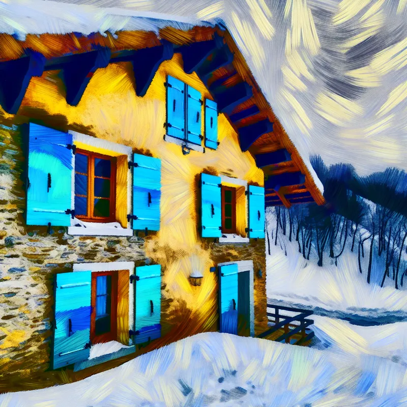 Gezellige vakantiewoning met gesloten luiken omgeven door een winterlandschap met sneeuw en grijze lucht