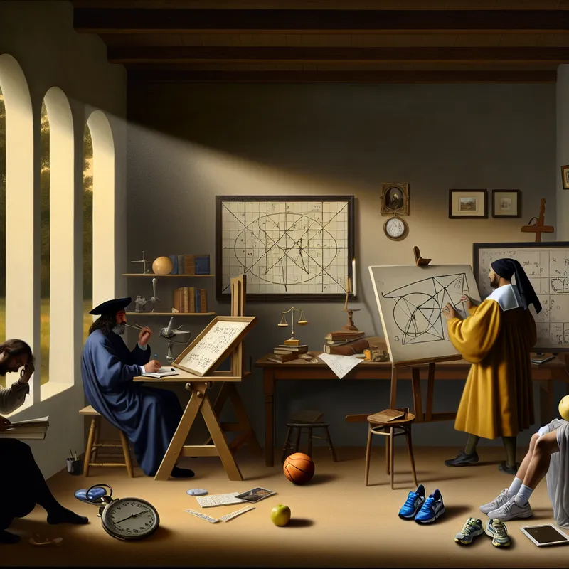 Serene studie met wetenschapper, atleet en kunstenaar die discipline en vakgebieden symboliseren in Vermeer-stijl